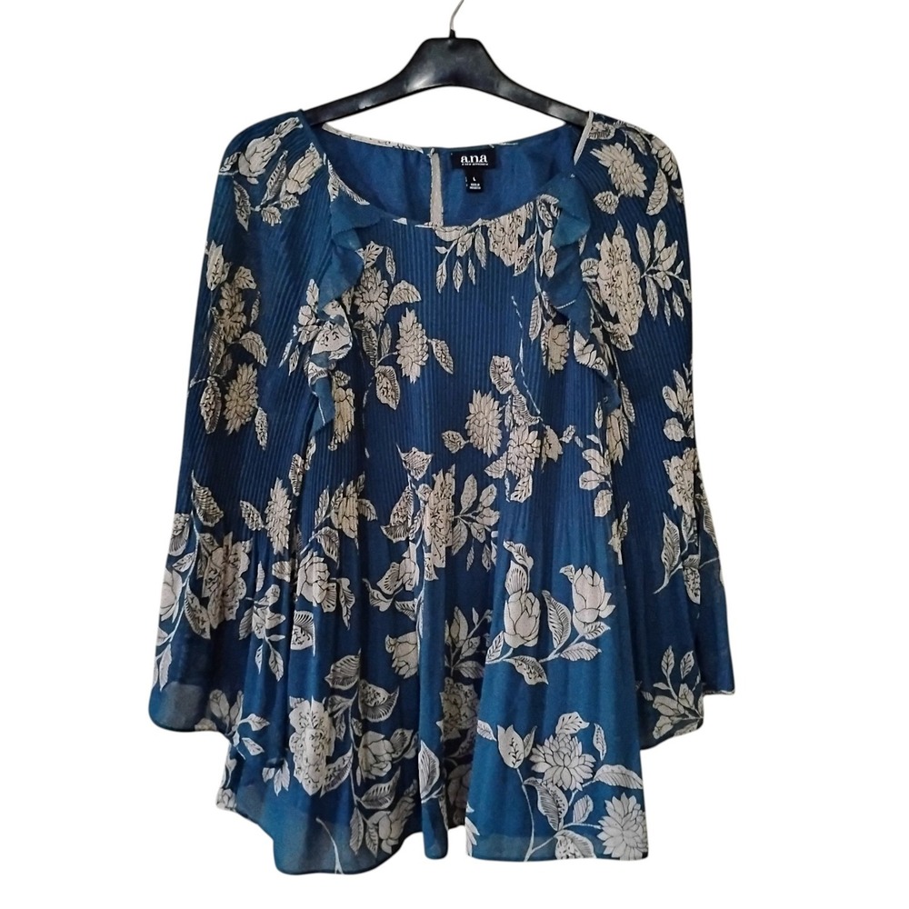 a.n.a A New Approach Teal Blue Floral Pleated Bell Sleeve Ruffle Blouse Large